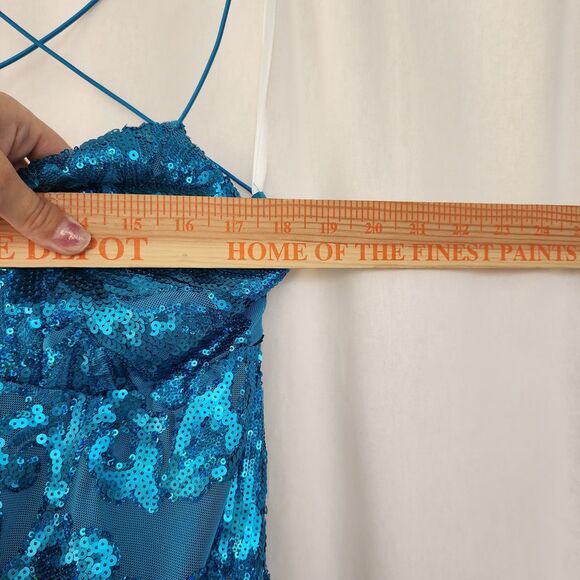 B. Darling Prom All Over Sequined Gown Blue flora Maxi Dress Turquoise Slit New - Picture 5 of 12